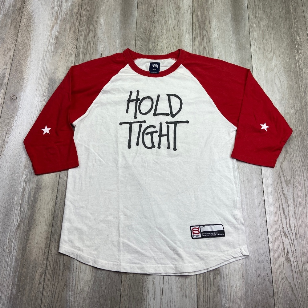 VINTAGE Stussy Raglan T-Shirt Men's Medium Red White Baseball 3/4 Sleeve Crown